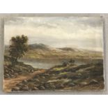An unframed oil on canvas depicting a rural lake scene by A E Mathews.
