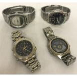 4 men's wristwatches with stainless steel cases and straps.