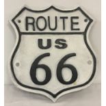 A white and black painted cast metal Route 66 wall hanging Plaque.