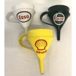 3 painted metal oil funnels, advertising Esso, Shell and Castrol.