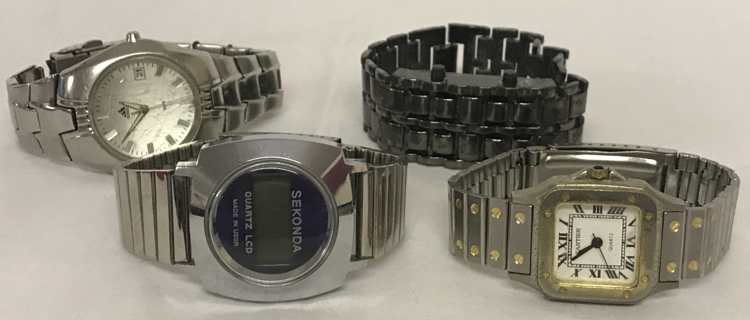 4 wristwatches to include red LED Binary watch, Adidas and Sekonda.