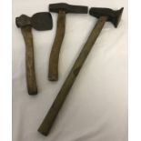 2 vintage wooden handled axes together with a vintage flat head hammer.