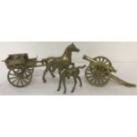 Three items of vintage brassware, comprising a pony & trap, a cannon and a brass foal.