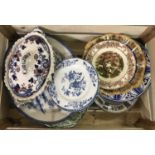 A box of assorted china, to include meat platters, tureen and Royal Staffordshire plate.