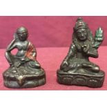 2 miniature bronze figures of Oriental Deities with painted detail to each.