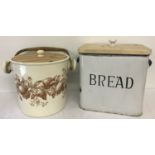 A vintage enamel bread bin together with a Victorian ceramic pail.