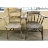 2 vintage pine arm chairs, one in the style of a Captains chair.
