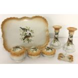 Victoria china 7 piece dressing table set with bird design.