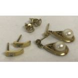 3 pairs of 9ct gold stud and drop style earrings.