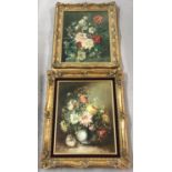 Two modern oil paintings of a floral theme, in modern intricate gilded frames.