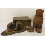 A collection of vintage treen items to include inlaid box, bookends and string box.