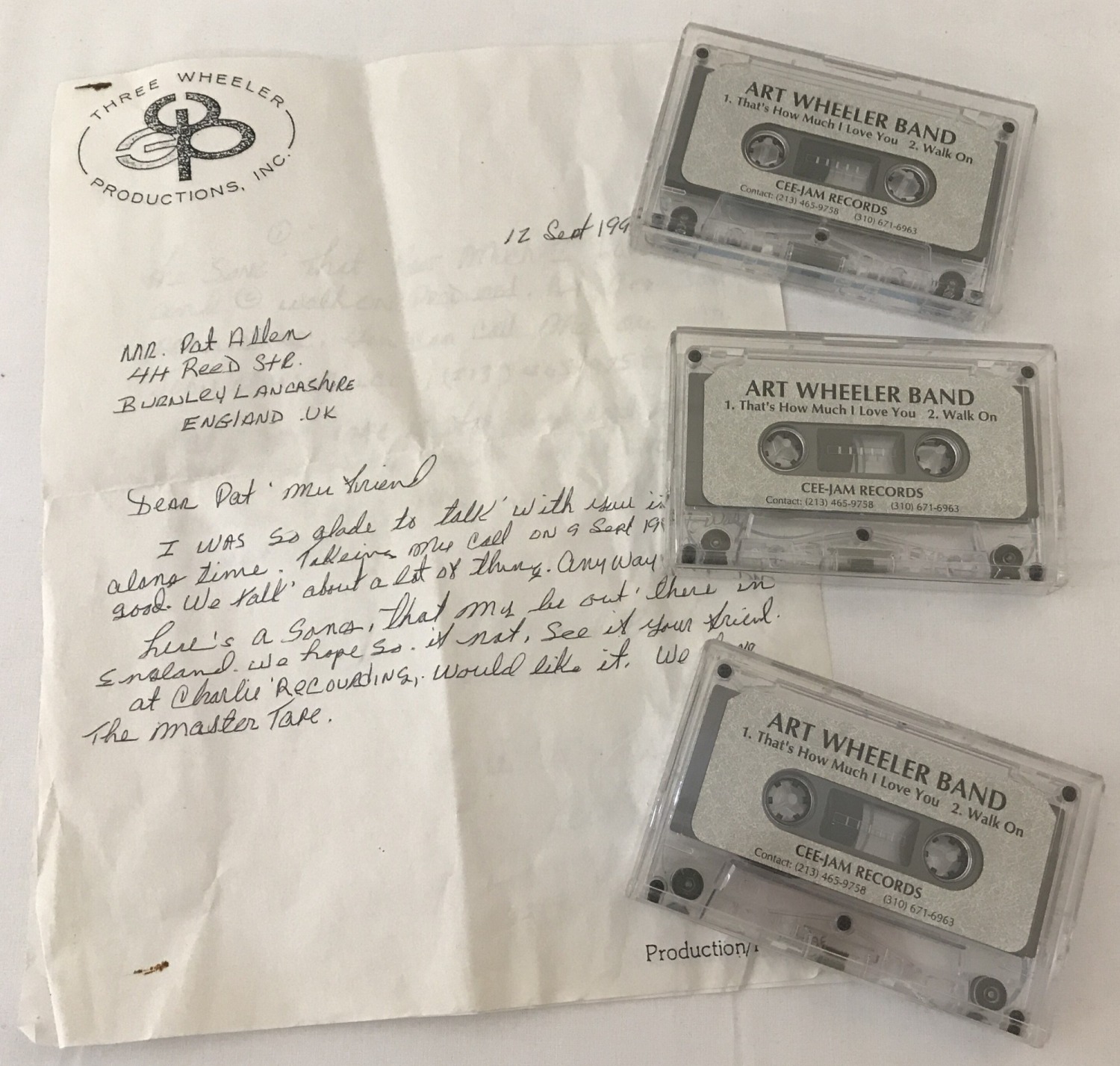 3 promotional Art Wheeler Band cassette tapes together with accompanying record company letter.