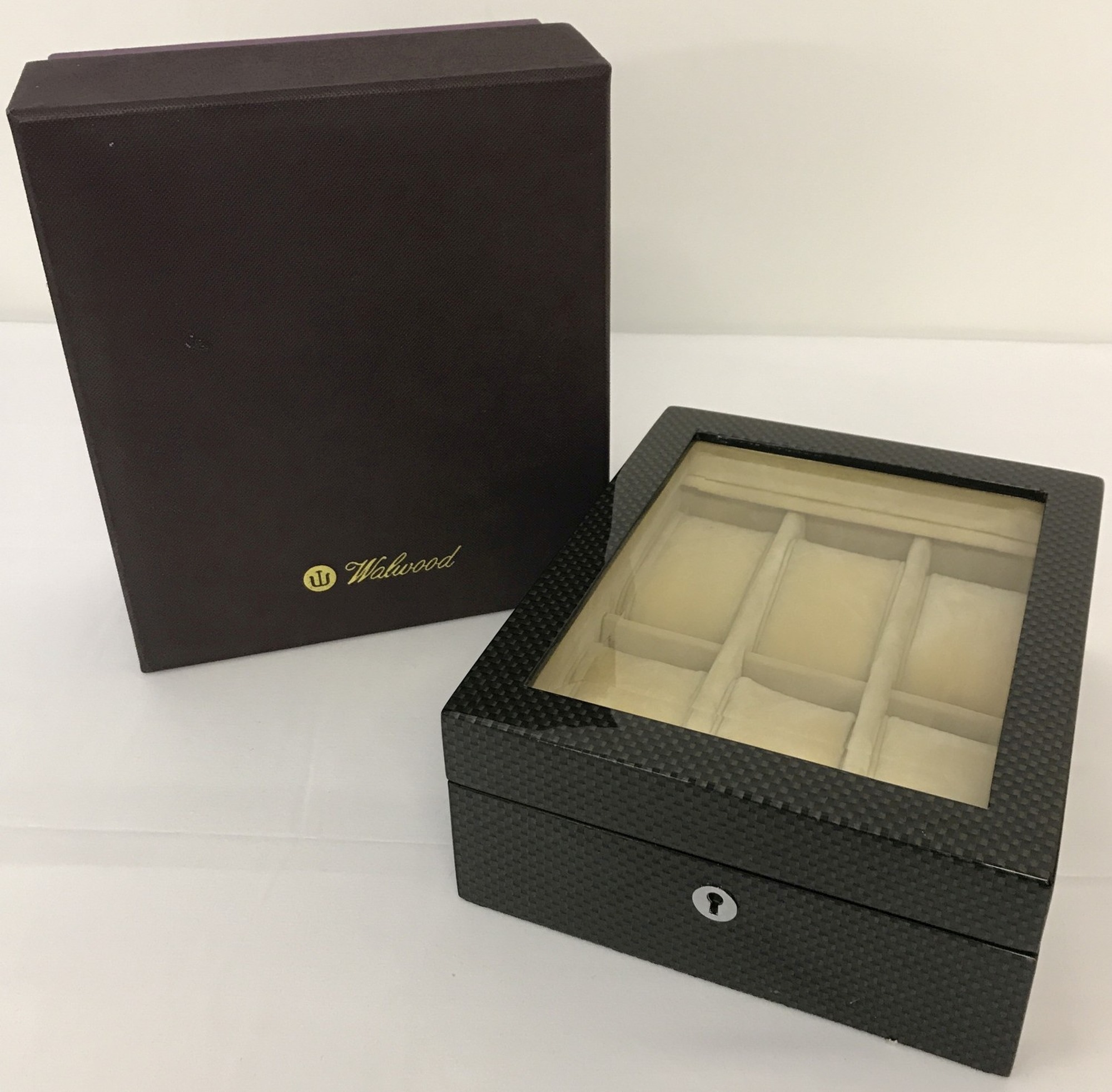 A new boxed Walwood watch box in a geometric design and high gloss finish.