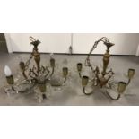 A pair of vintage brass and glass drop 5 arm ceiling lights.