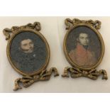 A pair of gilt framed portraits of Military men. Ornamental oval frames with bow detail.