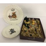 A collection of miniature teddy bear figures, to include colourbox, together with 2 ceramic plates.