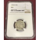 A 1934 D US 5 cent coin with Native American head. G6. In plastic case with NGC holographic sticker.