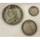 Victoria Jubilee head 1887 silver half crown, shilling and 3 pence coins.