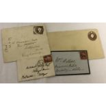 3 Victorian hand addressed envelopes, 2 with penny red stamps, 1 with pre paid one anna from India.