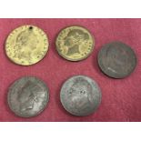 3 George IV half penny coins together with a George III gaming token