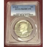 An uncirculated cased 1978-S Kennedy US half silver dollar. PCGS-PR69DCAM.