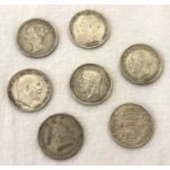 7 antique and vintage 3 pence coins, some silver.