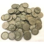 73 vintage shilling coins. Sovereign heads include George V, VI and Elizabeth II.