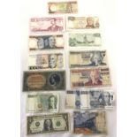 A collection of foreign bank notes.