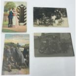 4 original WWI German military postcards, 2 with vintage cars.