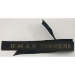 Original WWI Australian Navy cap tally - H.M.A.S. Torrens.