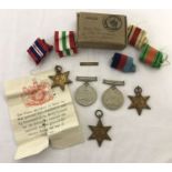 5 unworn WWII medals awarded to Private J Peach on his discharge from the army in 1948.
