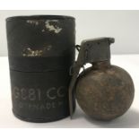 A Vietnam war style inert US M-67 baseball grenade & transportation tube.