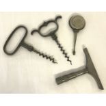 4 small metal ware items, comprising: 2 antique corkscrews; a depth gauge and a miniature oil can.