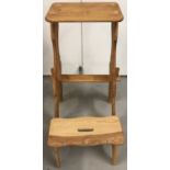 2 vintage pine stools. A tall stool with shaped legs together with a small footstool.
