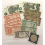 A small collection of vintage bank notes together with a cased commemorative 5 shilling coin.