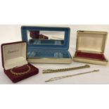 2 cream vintage jewellery boxes together with a small collection of costume jewellery chains.