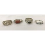 4 band style silver and white metal rings.