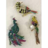 3 costume jewellery stone set and enamelled brooches in the shape of birds.