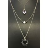 3 silver necklaces. Comprising: a sapphire set heart shaped pendant on a fine box chain,