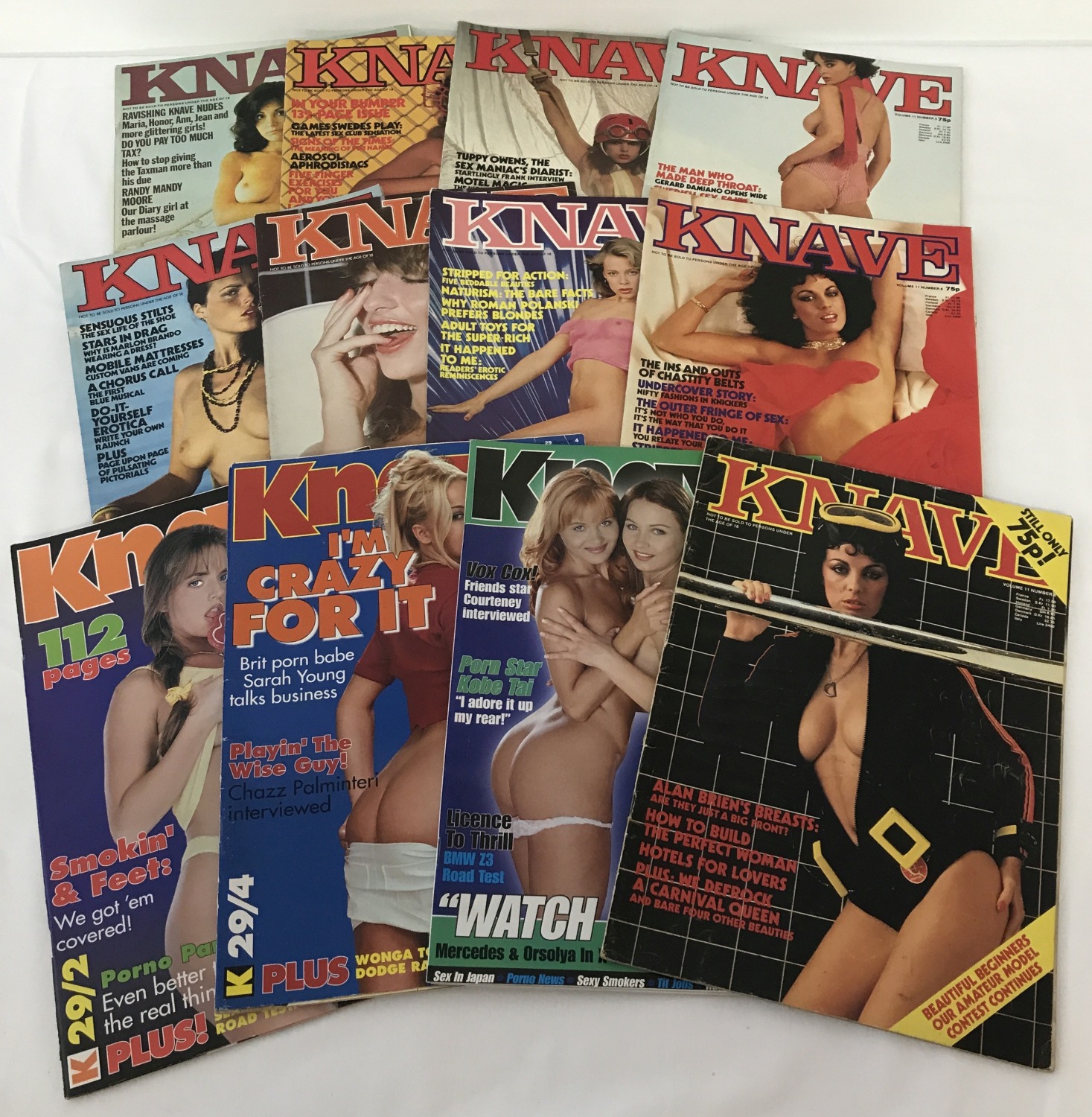 12 vintage issues of Knave, adult erotic magazine.