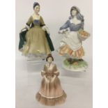 3 ceramic figurines by Coalport, Royal Worcester and Royal Doulton, in varying sizes.