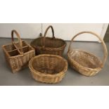 4 wicker baskets to include 4 sectional bottle carrier and vintage shopping basket.