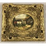 A signed oil picture in a heavy ornate gilt frame, depicting a farm yard scene.