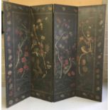 A Victorian hand painted leather 4 sectional folding room divider.