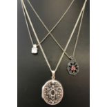3 silver necklaces. Comprising a garnet and marcasite set drop pendant on a fine belcher chain,