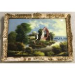 A Victorian reverse painted oil on glass, colourful panel depicting a fisherman by a church ruin.