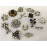 A collection of 15 vintage stone set brooches. To include flower, insect and horseshoe designs.