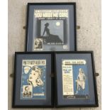 3 framed and glazed vintage sheet music covers.