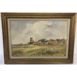 Peter Walbourn, Norfolk artist - framed oil on board "Cley Across The Marshes."