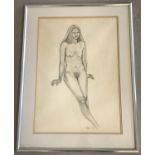 A framed and Glazed pencil drawing of a nude. Signed Janis '73.